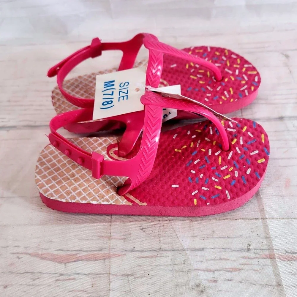 Girls Flip Flop Sandals Pink Ice Cream Sprinkles Kids Size Medium 7/8‎
